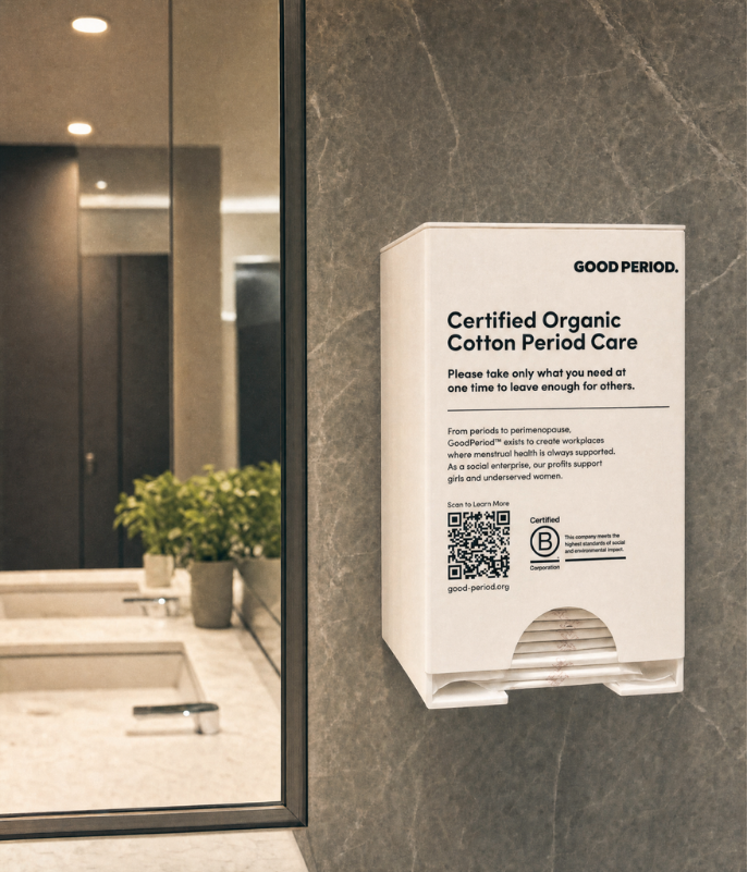 Good Period wall-mounted period care dispenser installed in a workplace washroom
